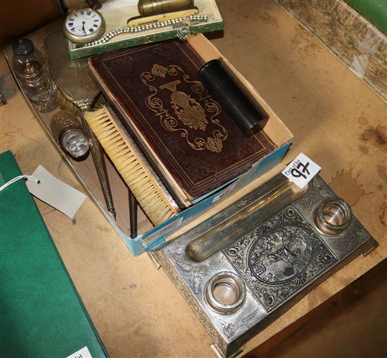 Silver brush set etc, bracelet, 19th Century sketch book etc